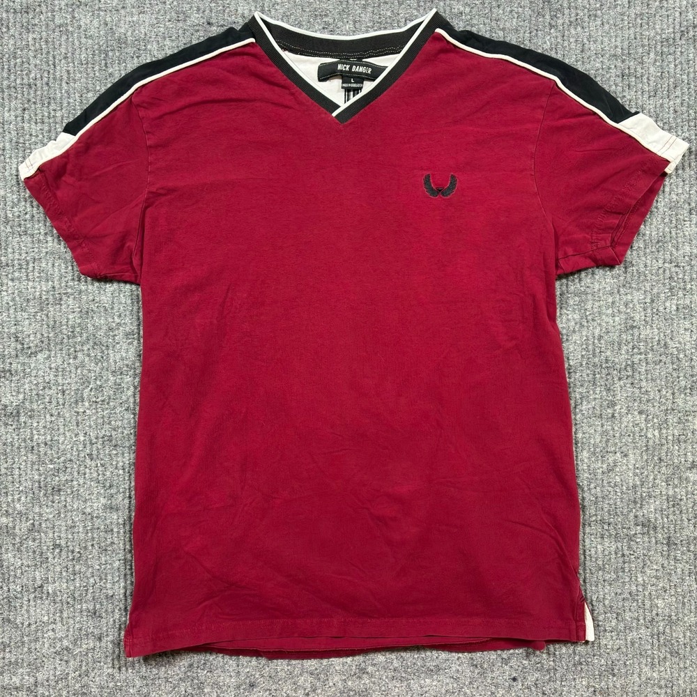 Nick‎ Danger Mens T-Shirt Size Large V-Neck Red Athletic Colorblock Short Sleeve